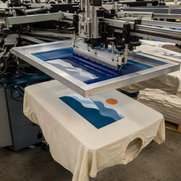 Automatic screen printing press producing custom T-shirts in Vancouver