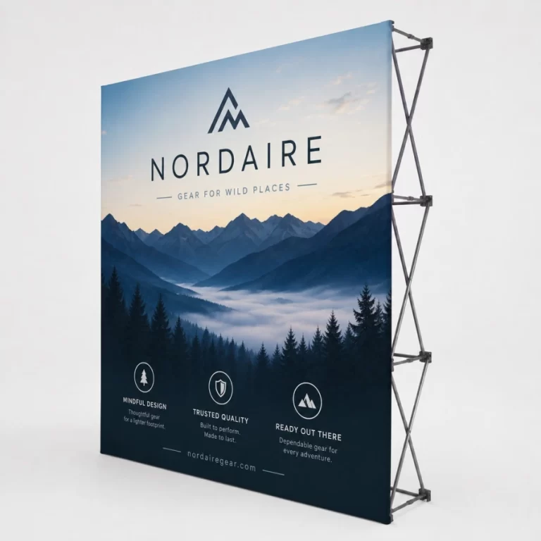 Straight pop up display kit with custom printed fabric backdrop and visible collapsible frame