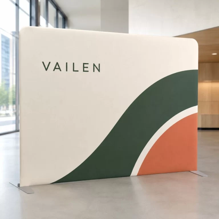 Minimal straight tension fabric display in a modern Vancouver event space