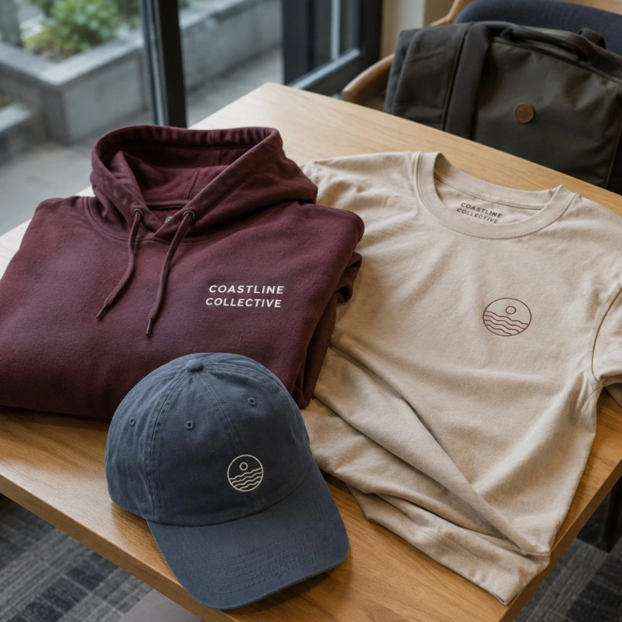 Custom hoodie, T-shirt and cap for a Vancouver student club displayed on a table