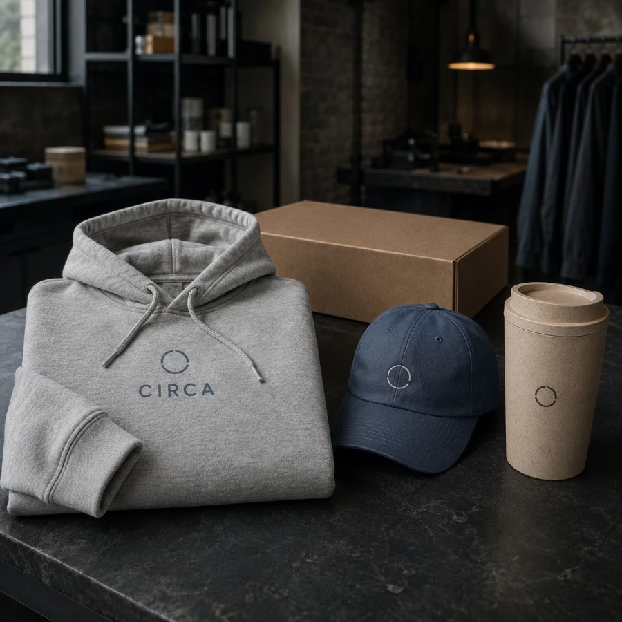 Organic cotton hoodie, cap and reusable mug with branded print