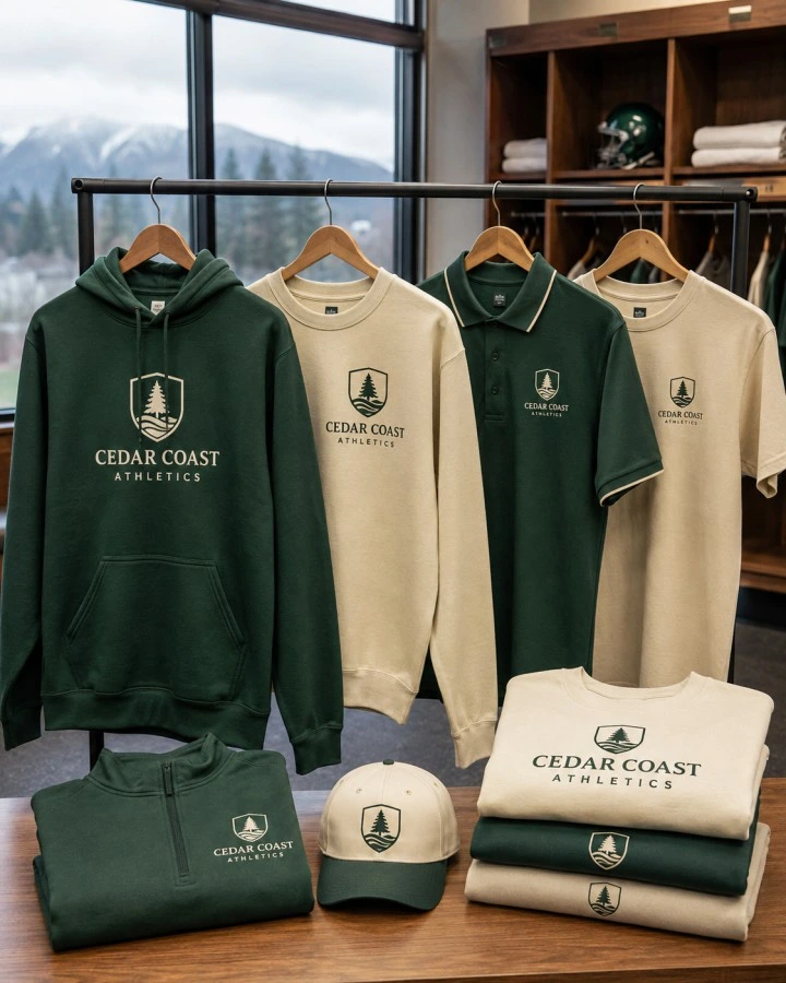 Custom team hoodies, polo shirts, T-shirts and caps displayed in a Vancouver athletics team room