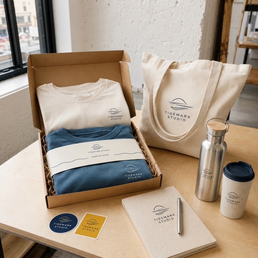 Eco-friendly branded merchandise kit with organic apparel, reusable tote bag, drinkware and plastic-free packaging